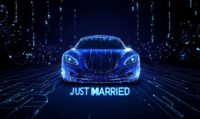 Cyberpunk Wedding Car - Blue Glowing Futuristic Vehicle Decor with 'JUST MARRIED' Text (Abstract Tech Background for Modern Couples - Ready-to-Use Vector Template).Vip pack mockup ready,trending now