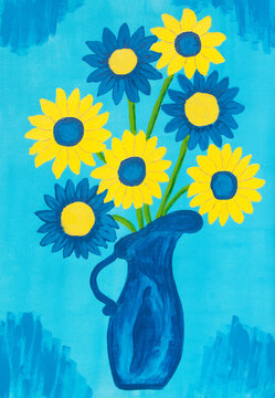Yellow and blue sumflowers in vase acrylic painting on canvas