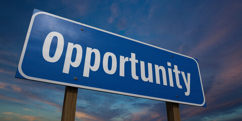 Obraz premium Blue road sign against a twilight sky, displaying the word 