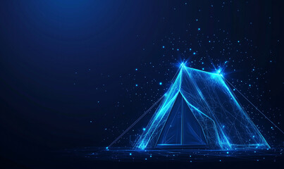 Futuristic 3D Camping Tent – Glowing Blue Tech Outdoor Concept on Dark Navy Background, Digital Line Art with Copy Space for Modern Banner & Mockup Use