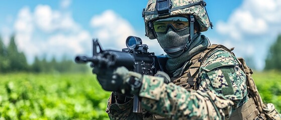 Soldier aiming rifle, outdoors, green field, sunny day, military training