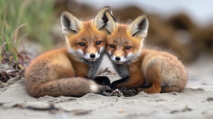 Fototapeta premium Two adorable red fox kits cuddling on sandy beach adorable wildlife scene cute foxes furry young