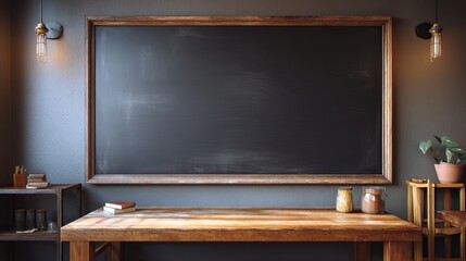Closeup blank chalkboard in pub interior 3D Render mockup with warm lighting