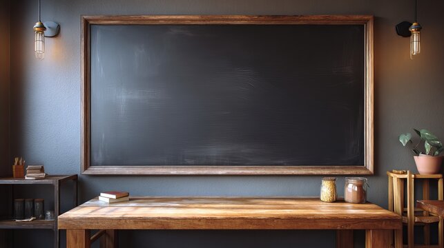 Closeup blank chalkboard in pub interior 3D Render mockup with warm lighting