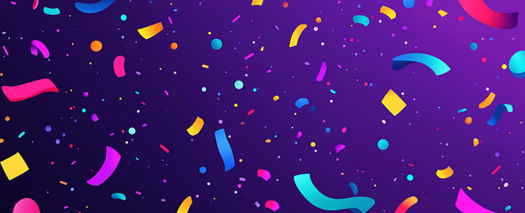 Naklejka premium Dark purple background with colorful confetti and ribbons, a flat vector illustration.