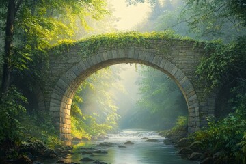 Misty forest arching stone bridge over a flowing river