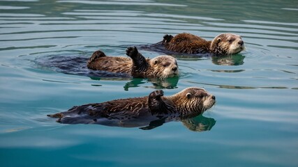 Fototapeta premium otters swimming, created by ia
