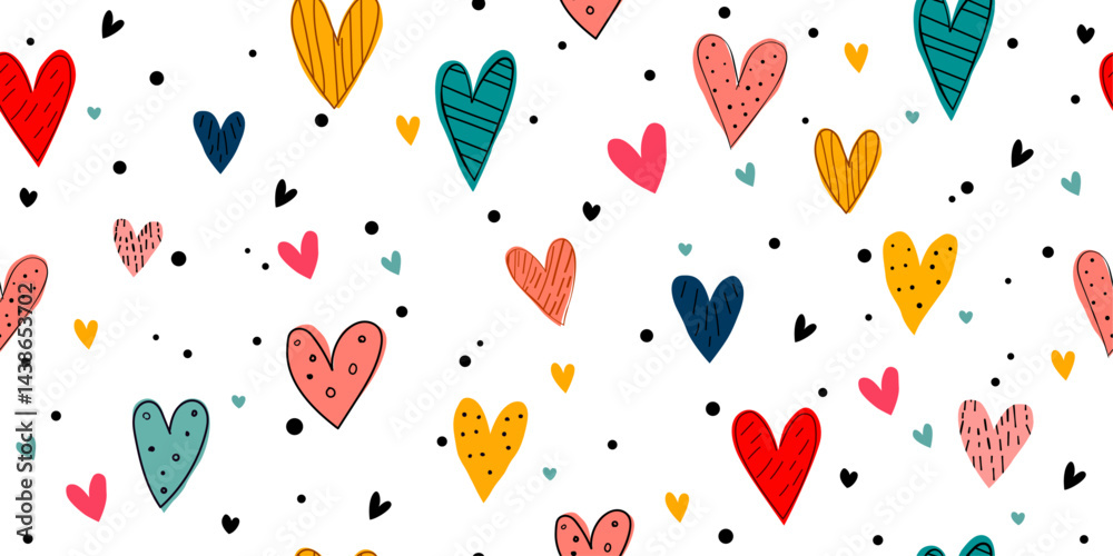 Fototapete Seamless pattern of colorful hand-drawn hearts on a white background. The hearts are in various sizes and shapes, with different patterns and textures. Some hearts are filled with solid colors.