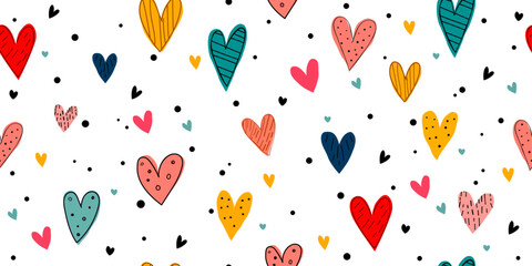 Seamless pattern of colorful hand-drawn hearts on a white background. The hearts are in various sizes and shapes, with different patterns and textures. Some hearts are filled with solid colors.