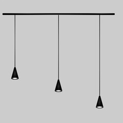 Three black conical pendant lights hang at different heights on a horizontal rod on a gray background. The lamps have a minimalist design. Vector illustration EPS10.
