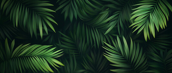Dark green seamless pattern with palm leaves, vector illustration.