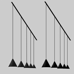 Pendant conical lamps, hanging on black rods on a gray background. Color black and gray. Suitable for bar counter, billiards, kitchen, living room. Vector illustration EPS10.