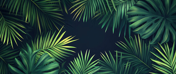 Dark green seamless pattern with palm leaves, vector illustration.