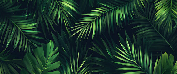 Dark green seamless pattern with palm leaves, vector illustration.