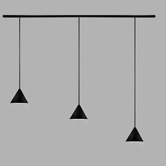 Three black conical pendant lights hang at different heights on a horizontal rod against a gray background. The lights have a minimalist design. EPS10 vector illustration.