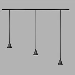Three black conical pendant lights hang at different heights on a horizontal rod on a gray background. The lamps have a minimalist design. Vector illustration EPS10.