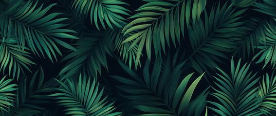 Dark green seamless pattern with palm leaves, flat design, vector illustration, seamless texture background, simple line art.
