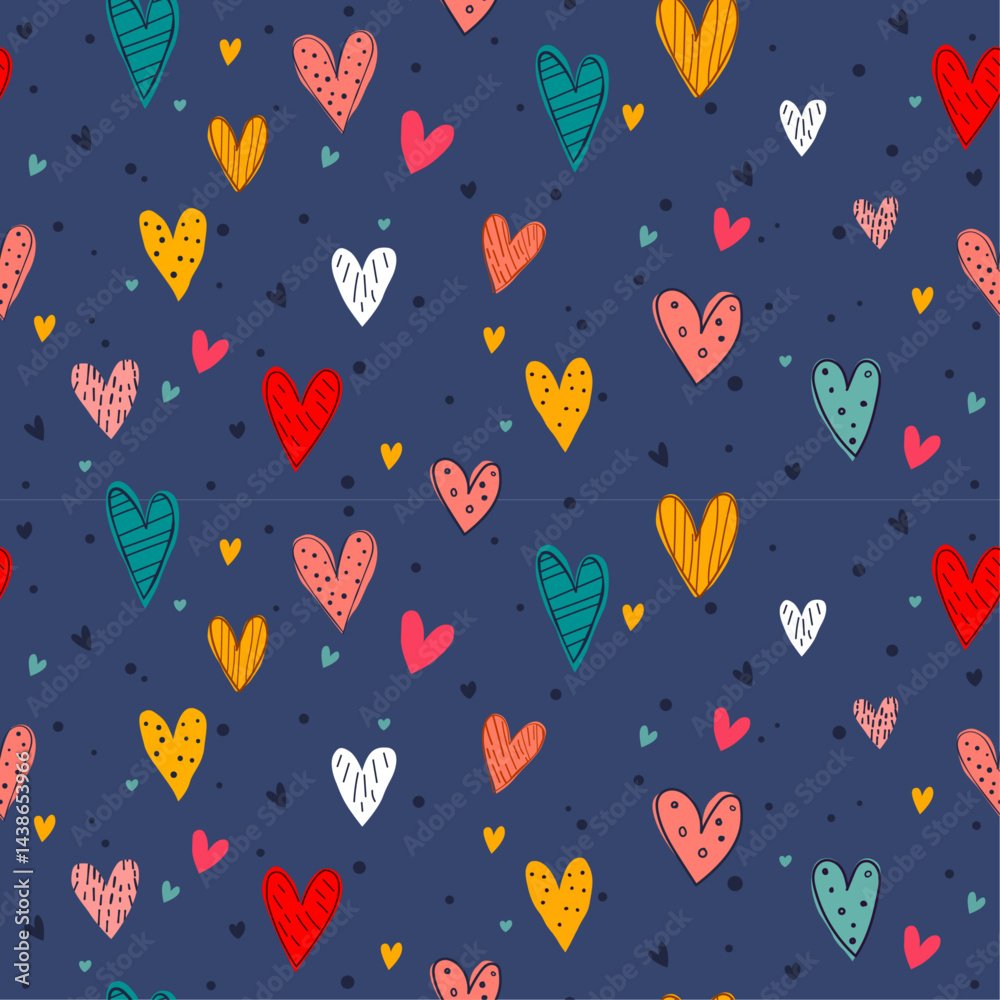 Fototapete Vibrant pattern features a multitude of hand-drawn hearts in various colors and styles against a deep blue background. The hearts are filled with different patterns.