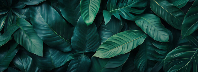 Fototapeta premium Dark green leaves of a houseless plant, tropical leaf texture background. Flat lay. Top view. Dark and moody.