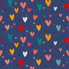Vibrant pattern features a multitude of hand-drawn hearts in various colors and styles against a deep blue background. The hearts are filled with different patterns.