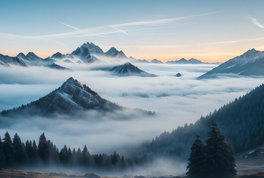 mountains in the fog AI Generated. AI Generative.of mountains forest fog morning mystic. Graphic Art Amazing wild nature view of layer of mountain forest landscape with cloudy sky.Natural green scener