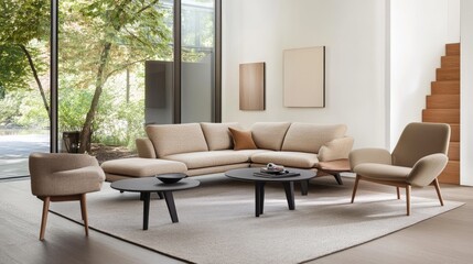 Modern beige sectional sofa and armchairs in a light-filled living room