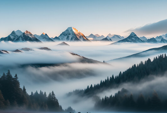 mountains in the fog AI Generated. AI Generative.of mountains forest fog morning mystic. Graphic Art Amazing wild nature view of layer of mountain forest landscape with cloudy sky.Natural green scener