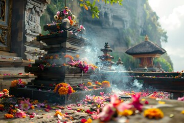 A traditional Balinese offering ceremony at a cliffside temple, with incense smoke rising into the air and colorful petals scattered around, 
