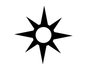 Abstract black star with sharp points emanating from a central void, isolated on white. Represents potential, guidance, and aspiration. Versatile graphic element.