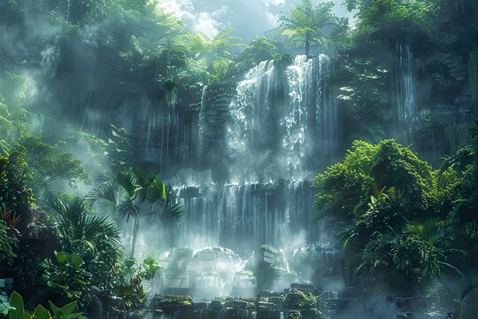The mystical beauty of Bali&rsquo;s Gitgit Waterfall, surrounded by tropical plants and mist rising from the base of the waterfall, 