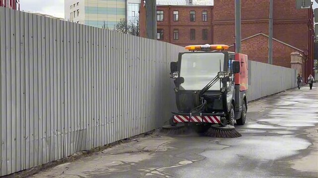 A compact municipal sweeper vehicle cleaning a city street sidewalk next to a corrugated metal fence on a cloudy day.