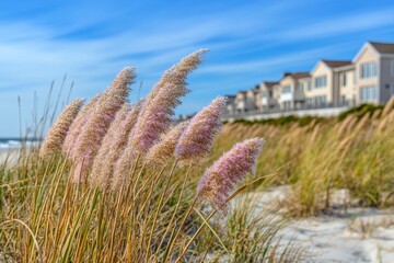 Coastal beach grass with homes in the background.  Fluffy, light pink and tan beach grass swaying in the breeze.  Houses nestled beside the shore