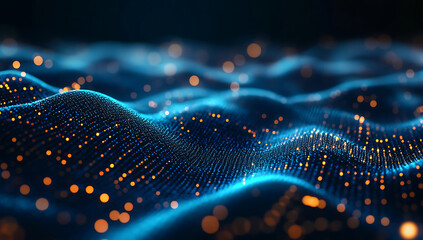 Dark blue background with glowing particles and bokeh lights