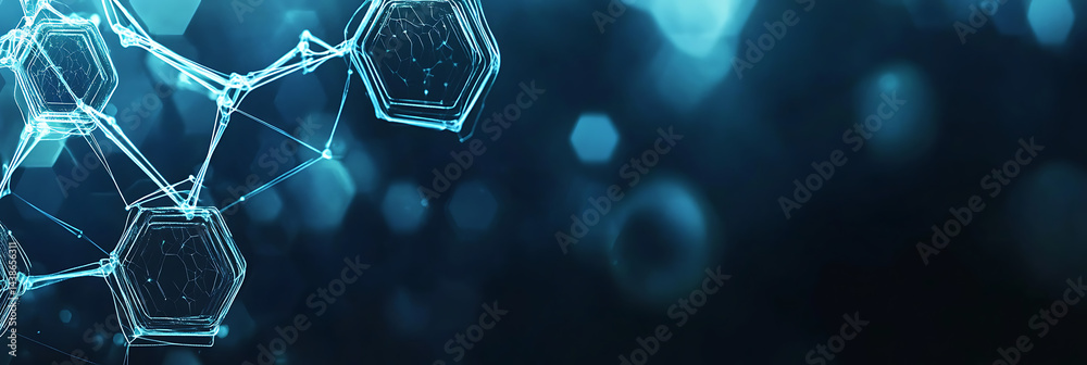 Poster dark blue background with a white outline of digital technology and hexagonal elements, representing