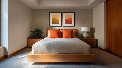 Fototapeta premium Modern and minimalist bedroom with a large wooden bed in the center. the bed has a wooden headboard and footboard, and is covered with a white comforter and orange throw pillows.