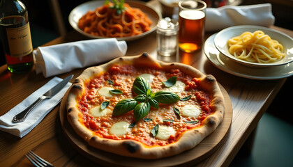 pizza on the table with cafe atmosphere