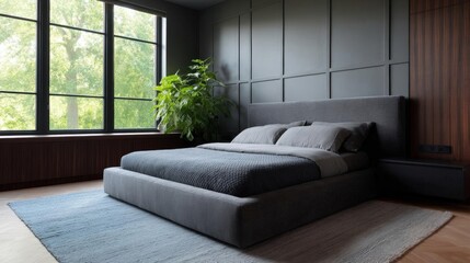 Modern and minimalist bedroom with a large window on the left side. the window has a view of trees and greenery outside.