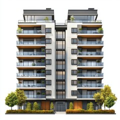 Modern apartment building facade, featuring multiple floors, balconies, and landscaping
