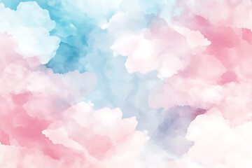 Fototapeta premium Cute pastel pink and blue watercolor background with soft clouds, vector illustration, wide banner design, detailed, high resolution, pastel colors, white background, minimalistic, simple.