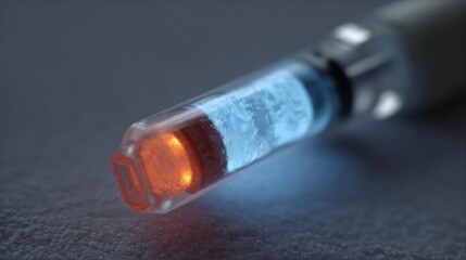 Close-up of a syringe with an orange-colored liquid inside. the syringe is lying on a dark grey surface, and the liquid appears to be a clear plastic tube with a silver cap.