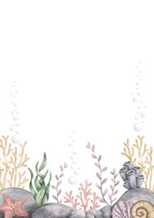 Under the sea. Watercolor hand-drawn frame with rocky seabed, starfish; seaweed, corals, seashell and bubbles. Animals and plants of the underwater world. Sea-themed template card