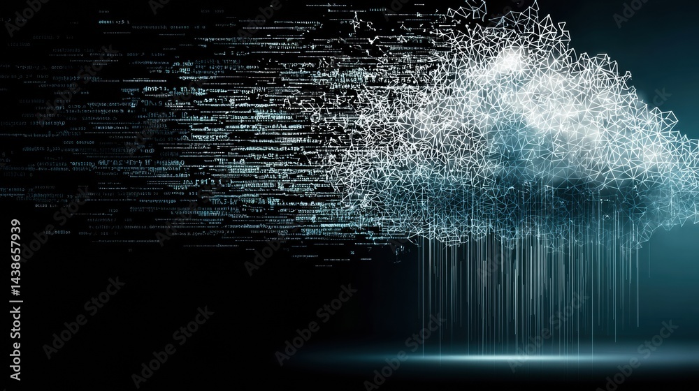 Poster Visual Metaphor Depicting AI as a Cloud Composed of Flowing Code, Representing Digital Thinking and Data Processing in a Futuristic Setting