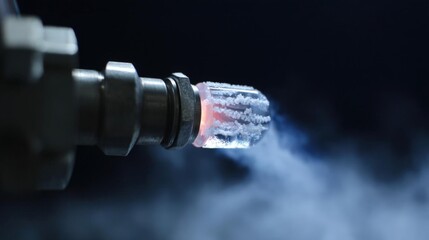 Close-up of a metal pipe with a small amount of smoke coming out of it. the pipe appears to be made of metal and has a cylindrical shape with a threaded end.