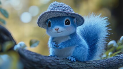 Obraz premium Adorable blue squirrel wearing a knitted hat sits on a tree branch in a forest.