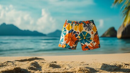 vibrant swim trunks on the beach