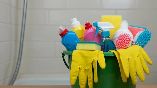 Green bucket with variety of cleaning supplies, gloves and sponges. Close up view of cleaning tools ready for disinfection in bathroom. Housekeeping advertising background video.