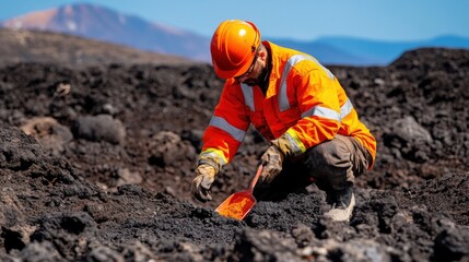 Geologist Collecting Volcanic Rock Samples on a Volcanic Landscape