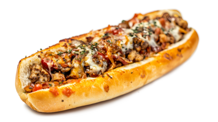 A sandwich with meat and cheese on it