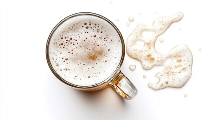 Top View of an Overflowing Frothy Beer Mug With Foam Spilling Out Artistically an Isolated White Background