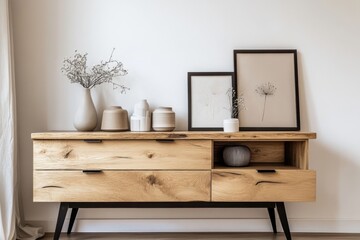 Modern minimalist living room sideboard.  Neutral colored decor with natural wood tones, simple framed art, and dried flower arrangements